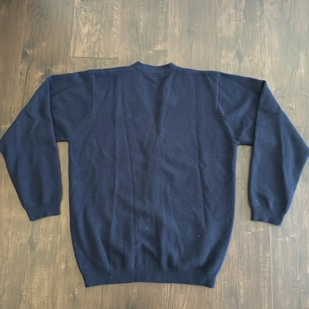 LANDS END MENS WOOL V NECK CARDIGAN BLUE LONG SLEEVE SWEATER POCKETS LARGE